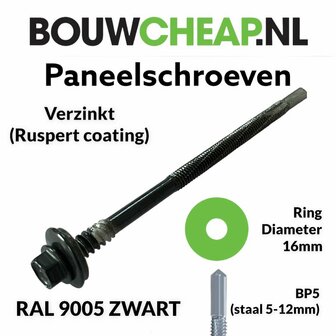 Paneelschroeven BP5 Verzinkt 5,5/6.3x60mm 16mm ring RAL 9005 ZWART- 100 stuks