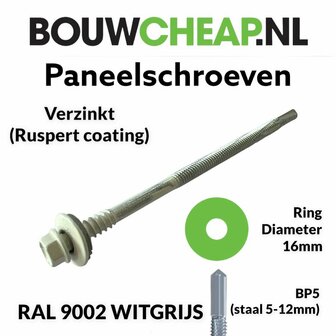 Paneelschroeven BP5 Verzinkt 5,5/6.3x85mm 16mm ring RAL 9002 WITGRIJS- 100 stuks