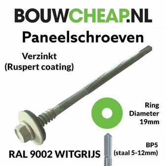 Paneelschroeven BP5 Verzinkt 5,5/6.3x180mm 19mm ring RAL9002 WITGRIJS - 100 stuks