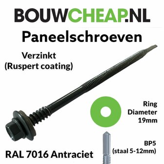 Paneelschroeven BP5 Verzinkt 5,5/6.3x170mm 19mm ring RAL 7016 Antraciet - 100 stuks