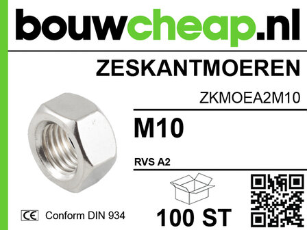 Zeskantmoer M10 RVS A2