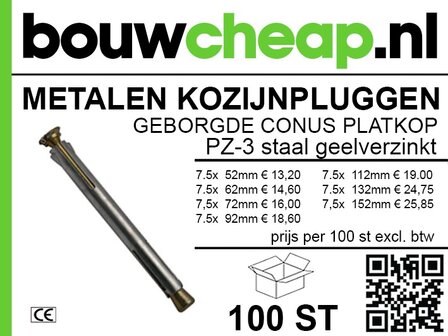 Metalen kozijnpluggen &Oslash; 10 x 92mm