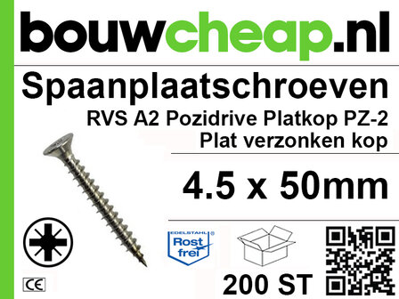 Spaanplaatschroeven RVS PZ 4.5x50mm PVK 200st