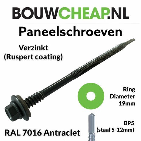 Paneelschroeven BP5 Verzinkt 5,5/6.3x180mm 19mm ring RAL 7016 Antraciet - 100 stuks